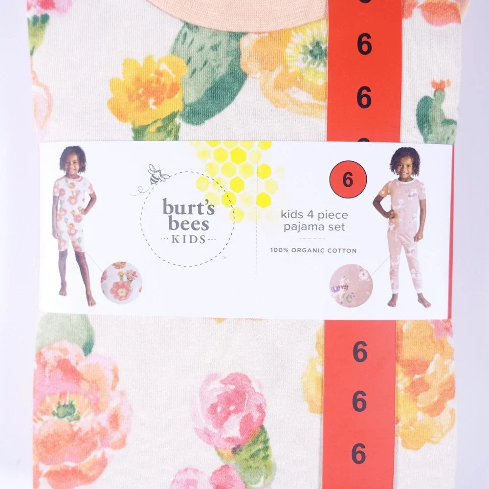 Burts Bees Kids 4 Piece Pajama Set 6 Organic Cotton Floral Llama Orange NEW